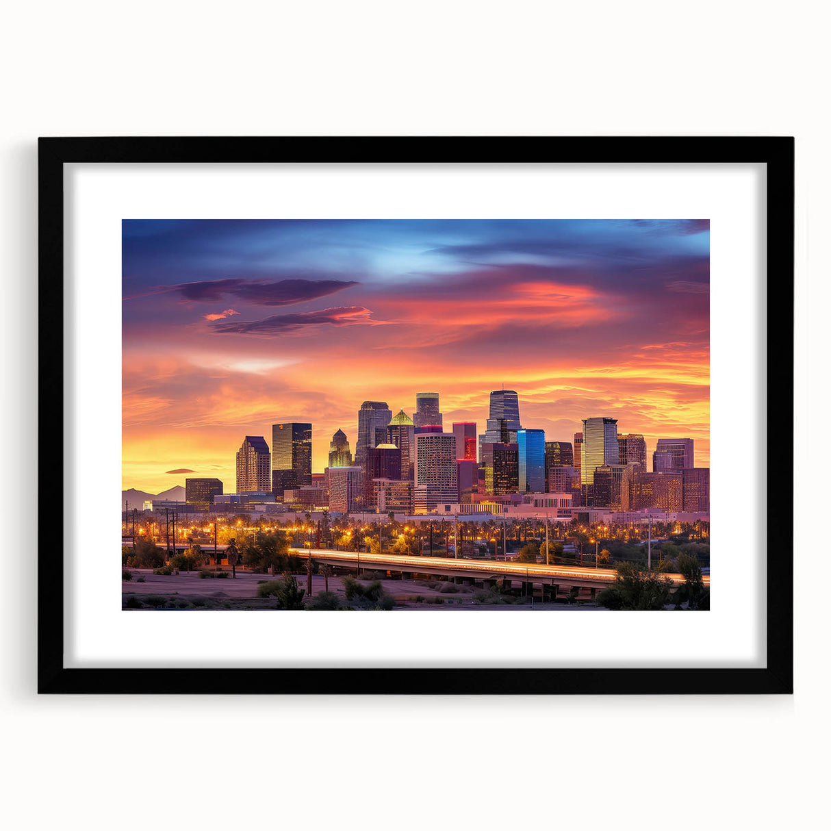 Abstract art print depicting a colorful Phoenix valley in textured style on a large framed canvas.