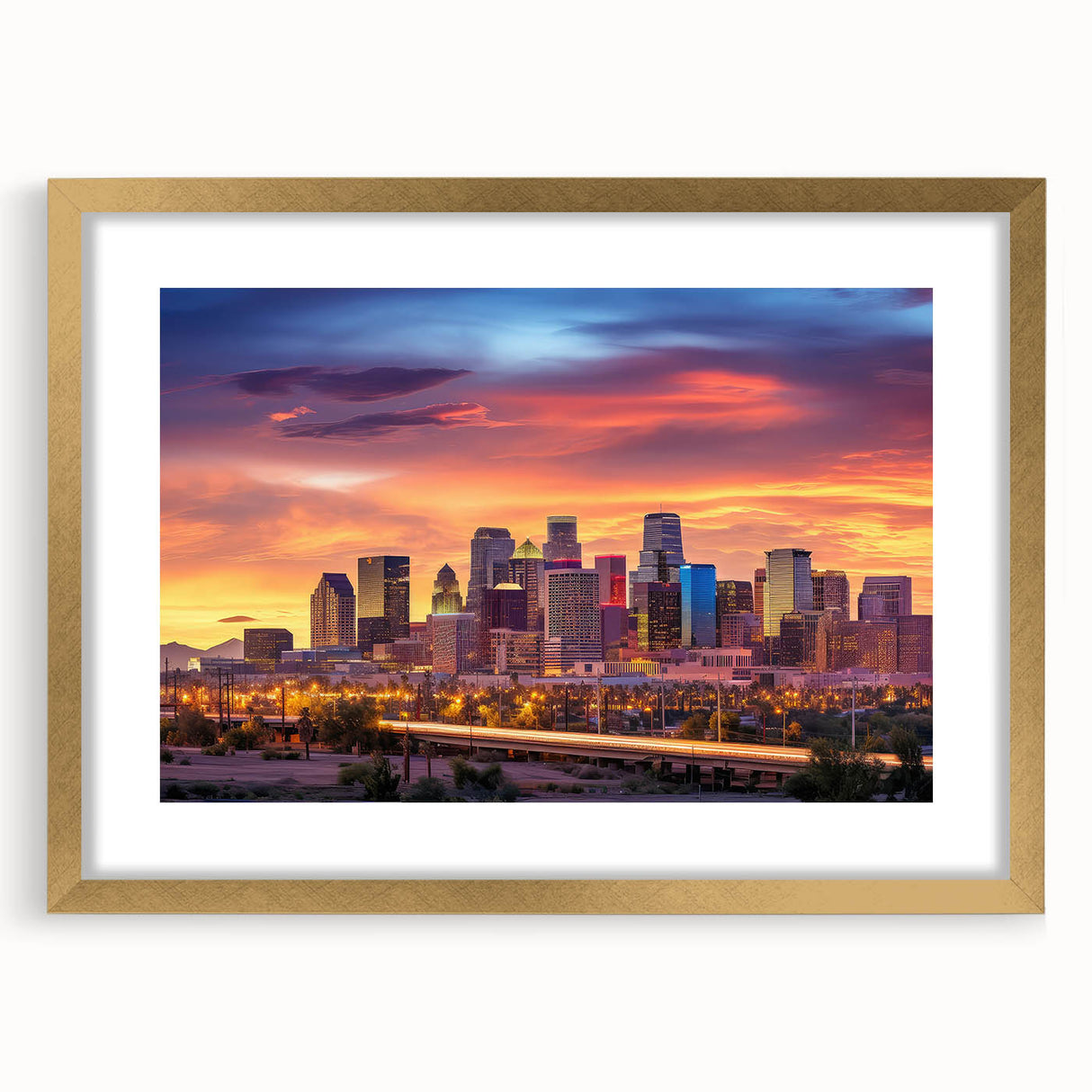 Extra large abstract art print of Phoenix valley in textured gold frame, featuring muted earth tones.