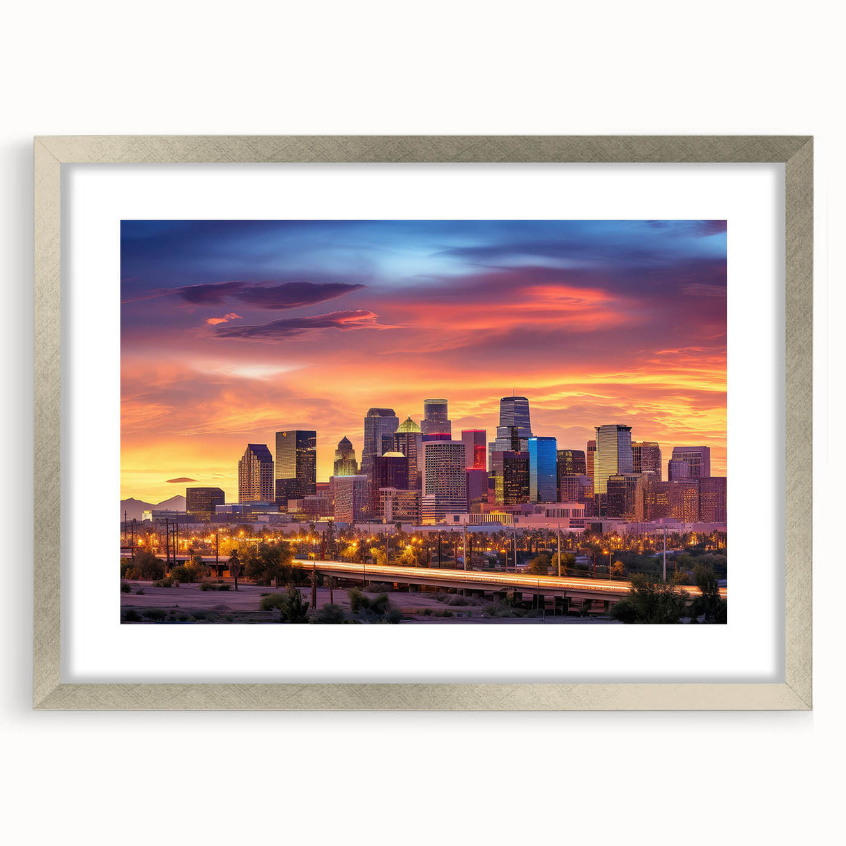 Textured abstract art print of Phoenix Valley in muted earth tones, framed with a silver mat.
