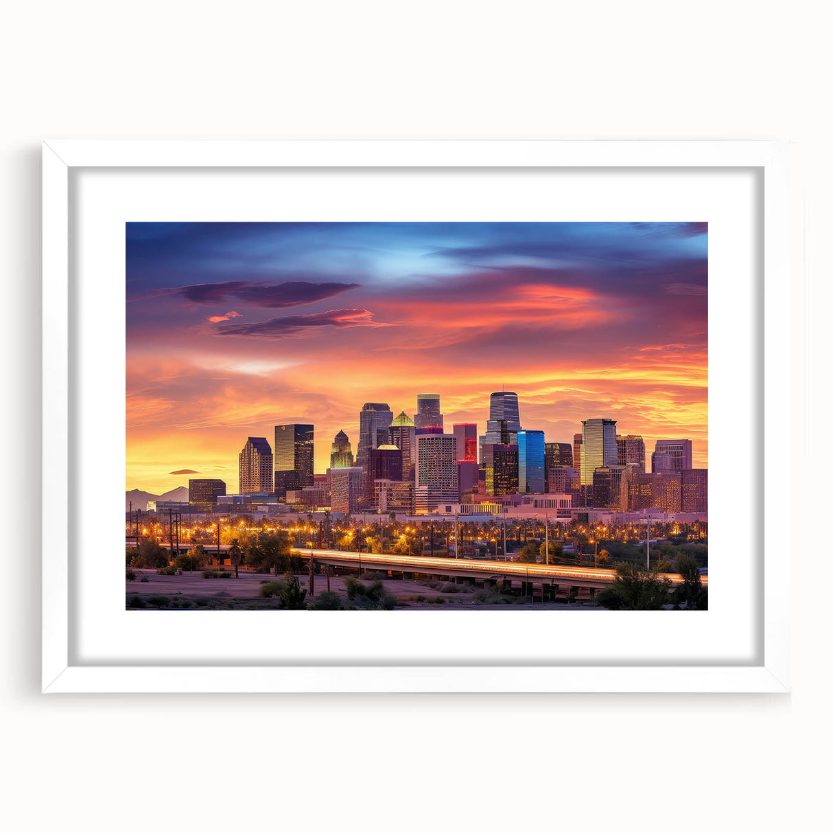 Abstract art print of Phoenix Valley in muted earth tones on a white-framed canvas, suitable for dining room decor.