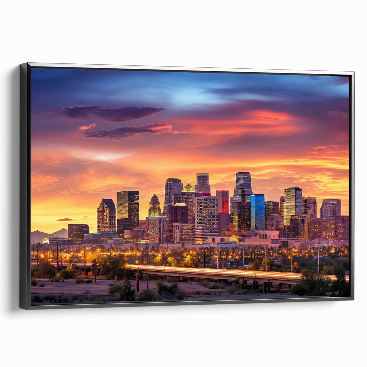 Black and white framed canvas of Phoenix valley landscape, ideal for bedroom wall decor.