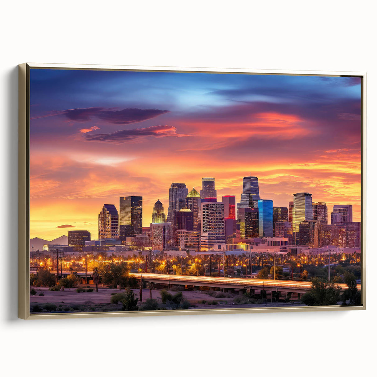 Framed canvas depicting a vintage-style Phoenix valley landscape in muted gold and black tones, ideal for bedroom wall art.