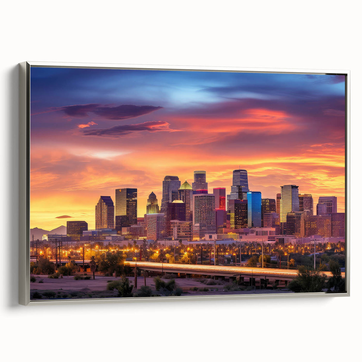 Landscape art painting of Phoenix Valley in vibrant colors on a framed canvas, ideal for living room decor.