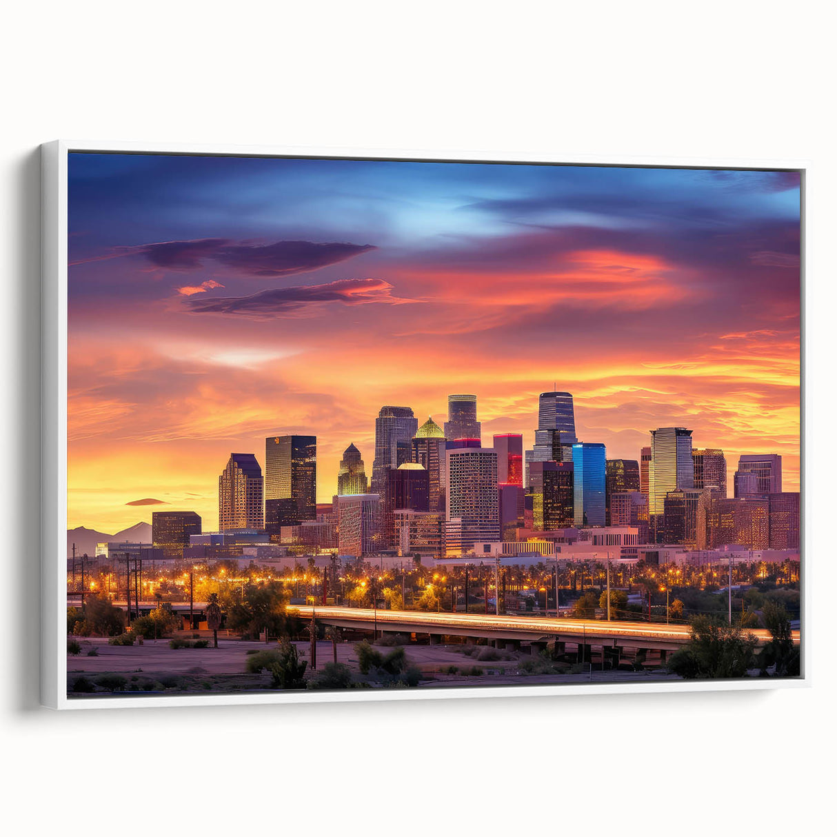 Vintage poster art of Phoenix valley in colorful tones on a large framed canvas, ideal for living room decor.
