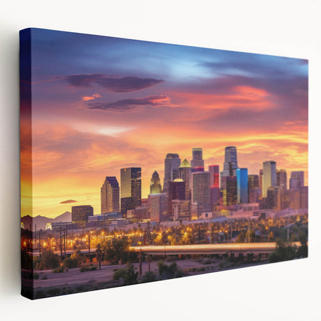 Panoramic view of Phoenix valley on large stretched canvas with warm sunset hues, ideal for kitchen wall art.