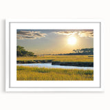 Abstract art print of South Carolina scenery in muted earth tones on a white framed canvas, ideal for dining room decor.