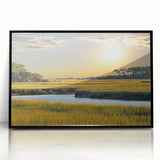 Large abstract wall art depicting a serene South Carolina landscape in muted earth tones, framed in black acrylic.