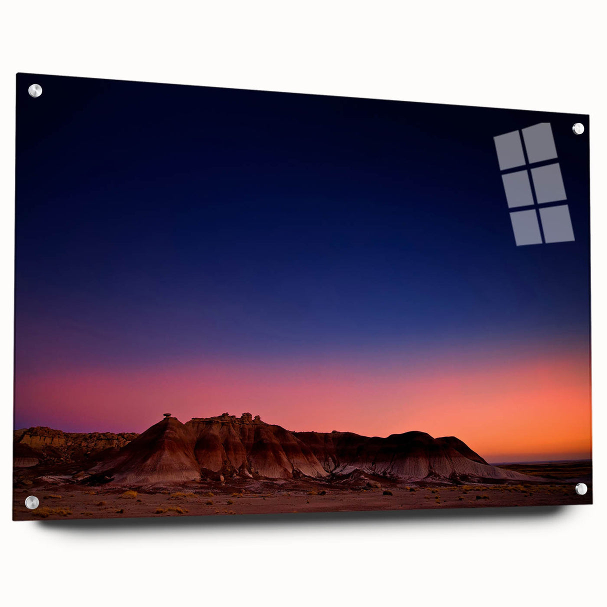 Acrylic print of South Dakota Badlands with earthy tones and a wide landscape view, suitable for dining room decor.
