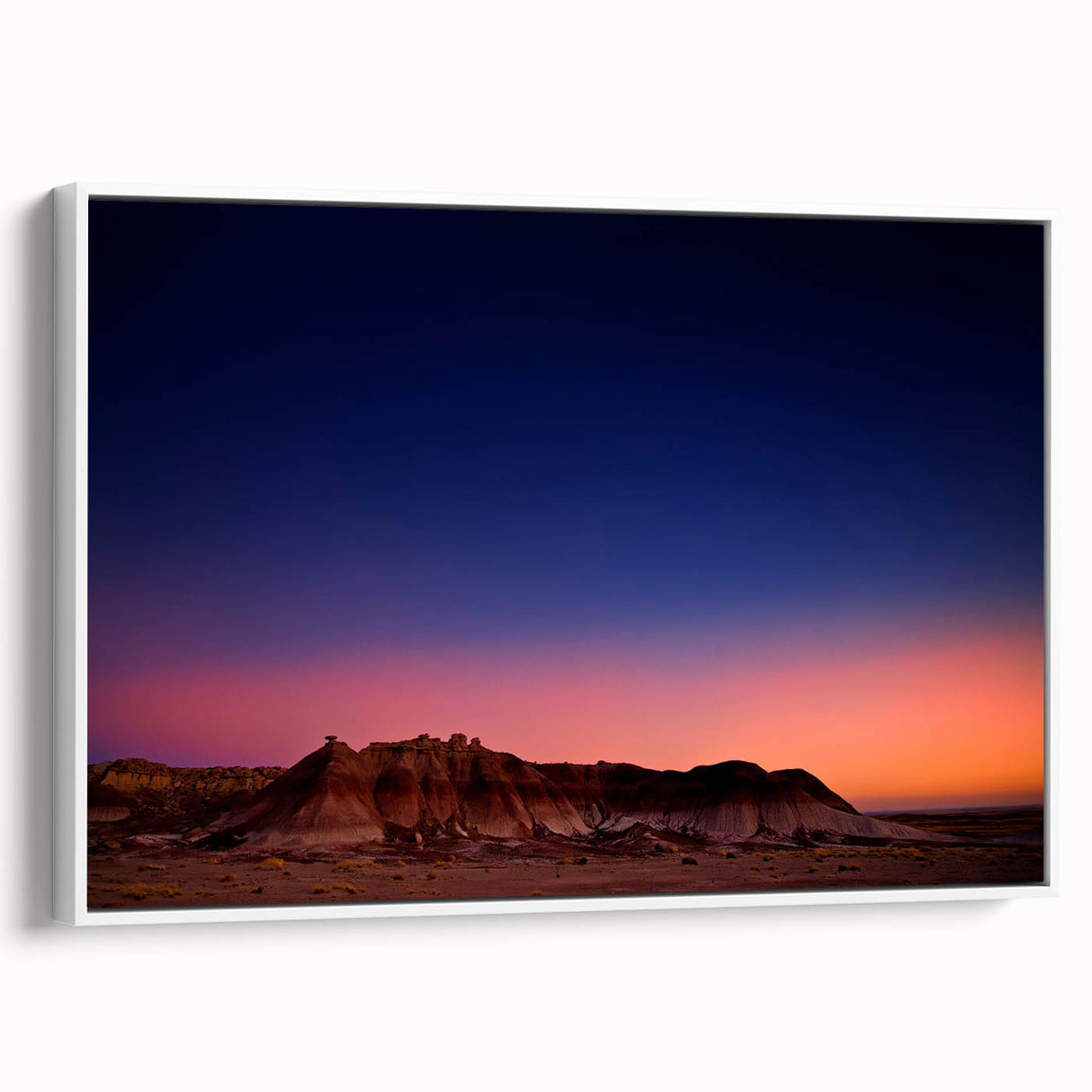 Vintage poster art of South Dakota Badlands with colorful palette on extra large white framed canvas.