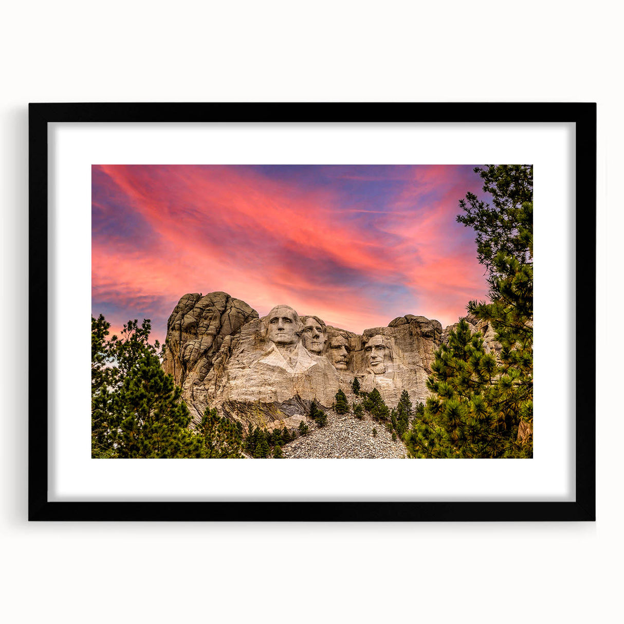 Large abstract wall art of Mt. Rushmore in muted gray tones, framed in black, suitable for modern office decor.