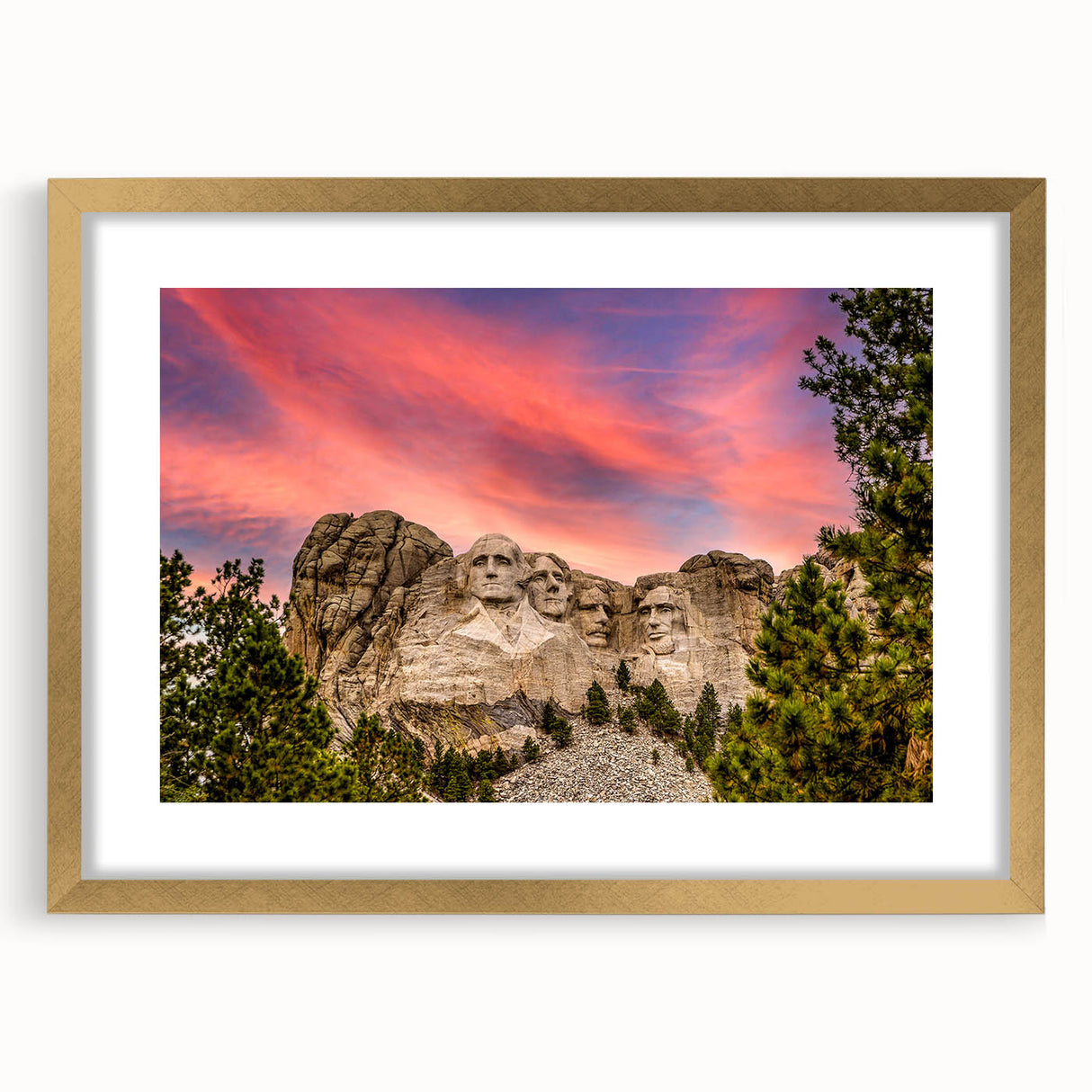 Large art print of Mt. Rushmore in muted earth tones, framed in gold, suitable for modern art wall decor.