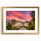 Large art print of Mt. Rushmore in muted earth tones, framed in gold, suitable for modern art wall decor.