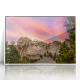 Abstract art print of Mt. Rushmore in muted earth tones on a white framed acrylic, suitable for dining room decor.