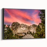 Black and white framed canvas of Mt. Rushmore, featuring a vintage poster style, ideal for bedroom wall decor.