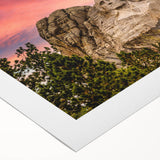 Art deco poster of Mt. Rushmore in muted earth tones on rolled canvas, suitable for dining room wall art.