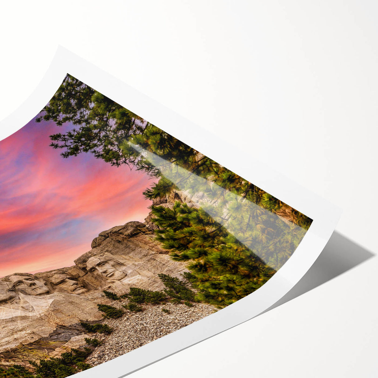 Extra large wall art of Mt. Rushmore in muted earth tones on a rolled canvas, suitable for large living room walls.