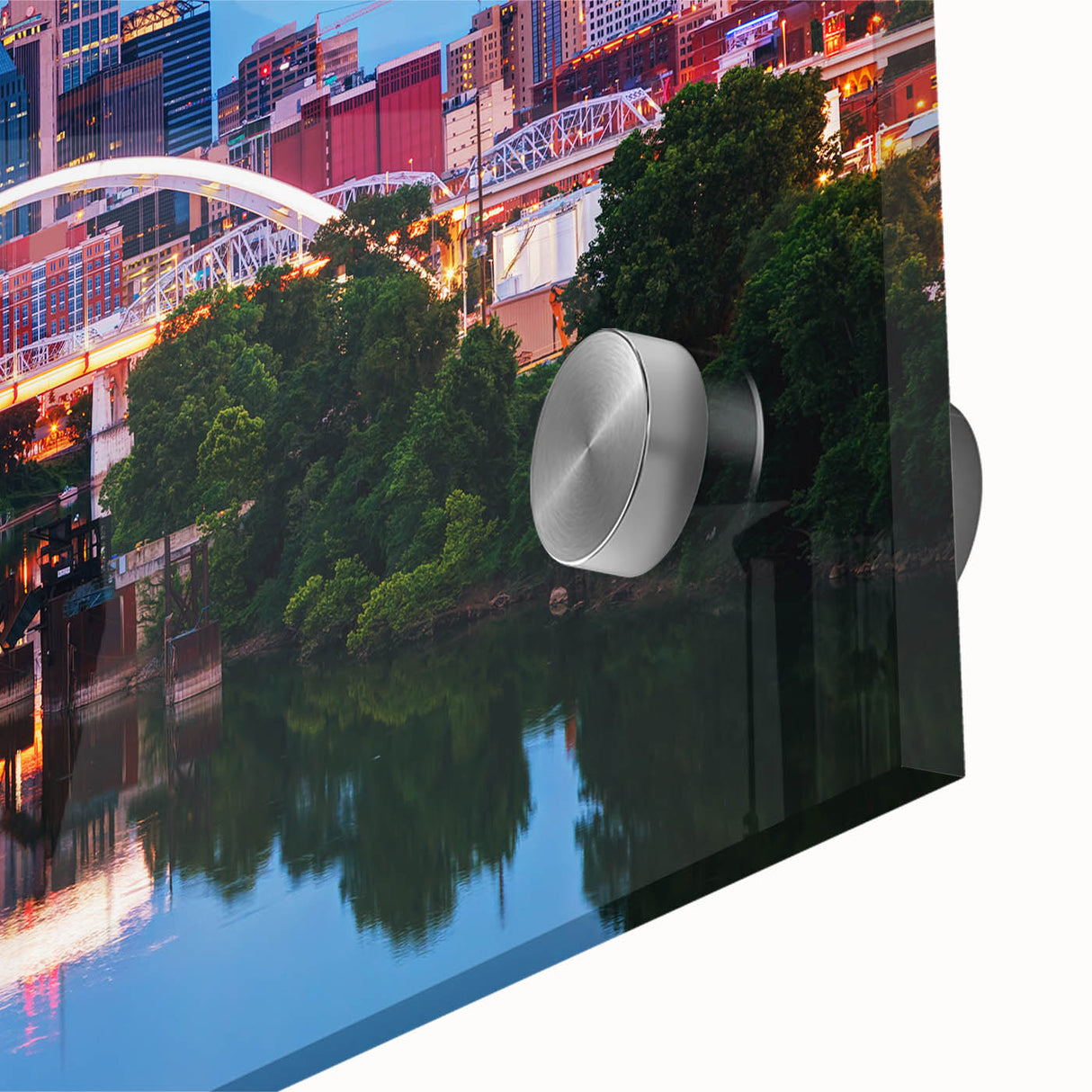 Large abstract wall art of Nashville skyline in muted earth tones on acrylic glass, ideal for dining room ambiance.