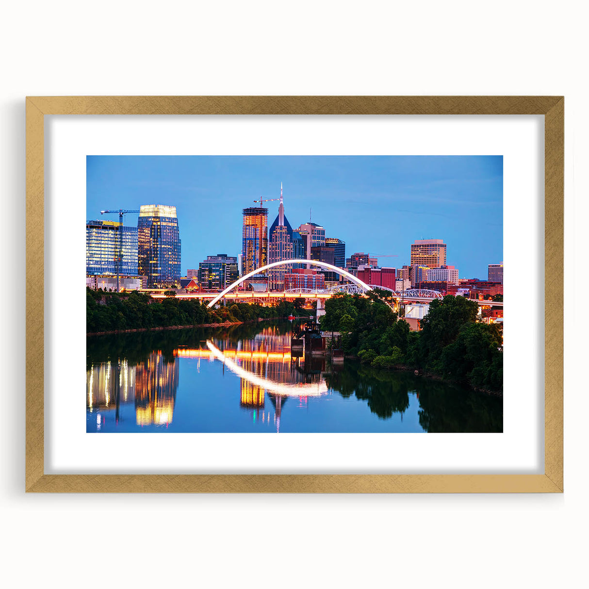 Extra large abstract art print of Nashville skyline in muted earth tones on a framed canvas, ideal for living room decor.