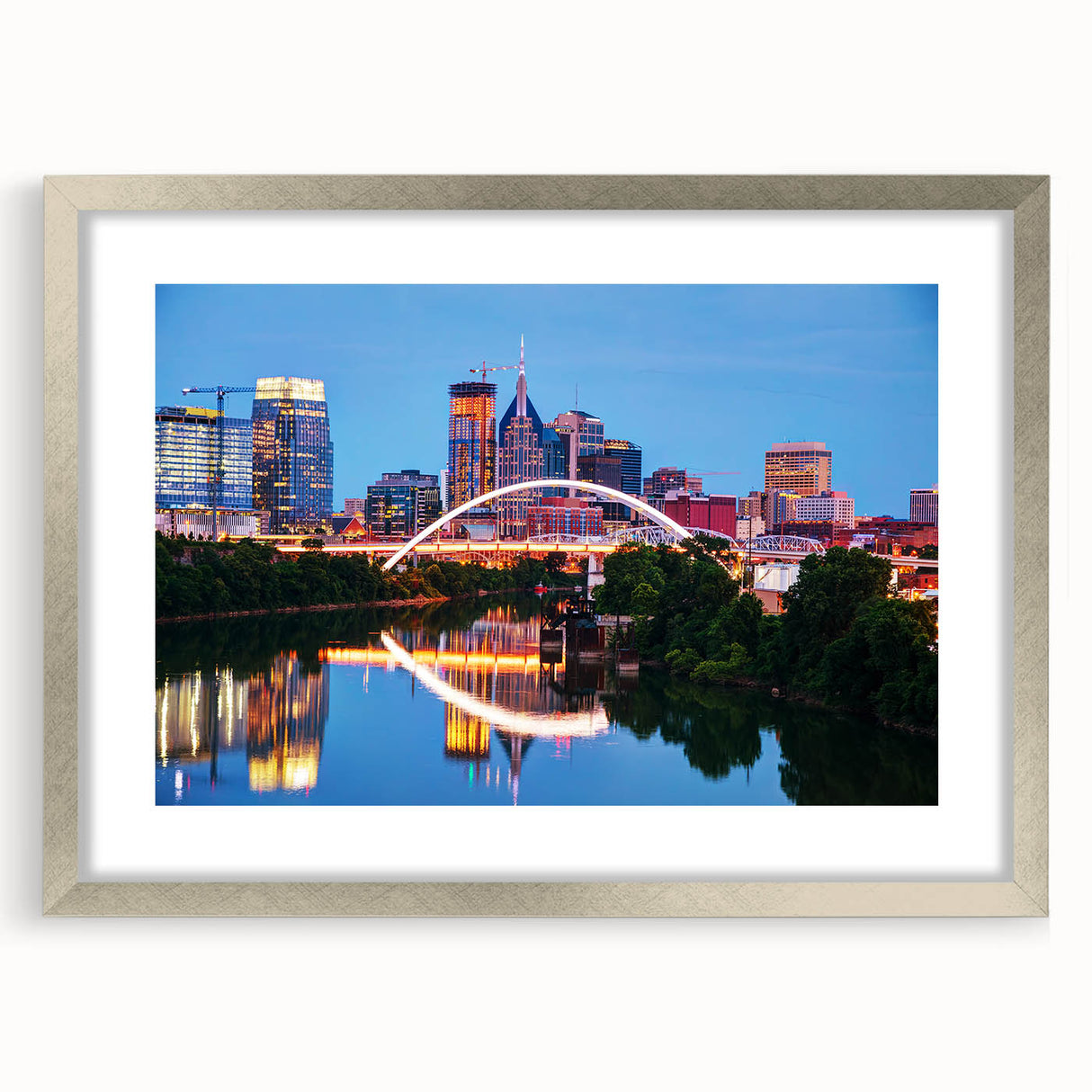 Textured art print of abstract Nashville skyline in muted earth tones on framed canvas, ideal for bedroom art.