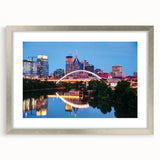 Textured art print of abstract Nashville skyline in muted earth tones on framed canvas, ideal for bedroom art.