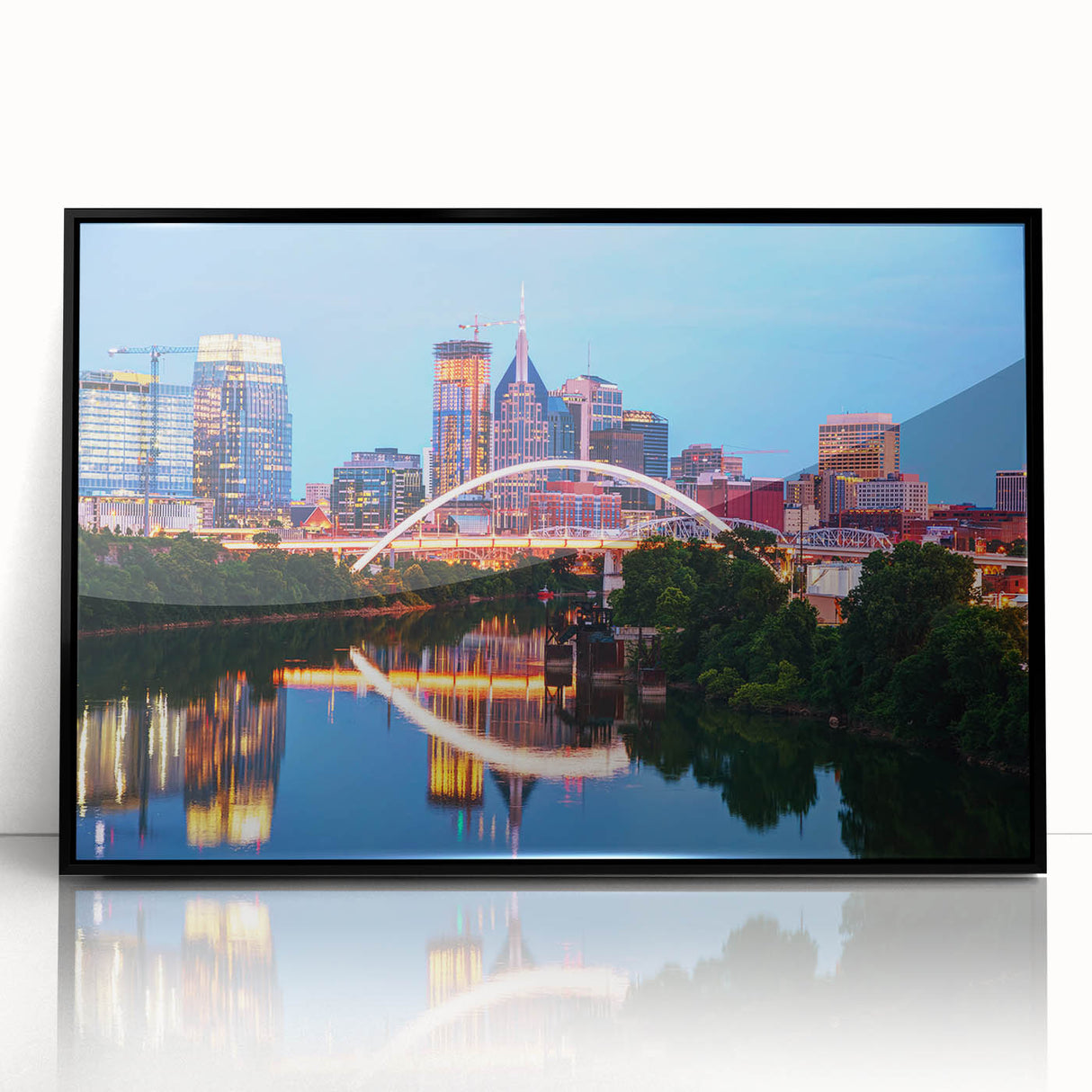 Large abstract wall art depicting Nashville skyline in muted gray and blue tones on framed acrylic.