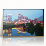 Framed acrylic print of Nashville skyline in muted gold tones, ideal for modern art wall decor.
