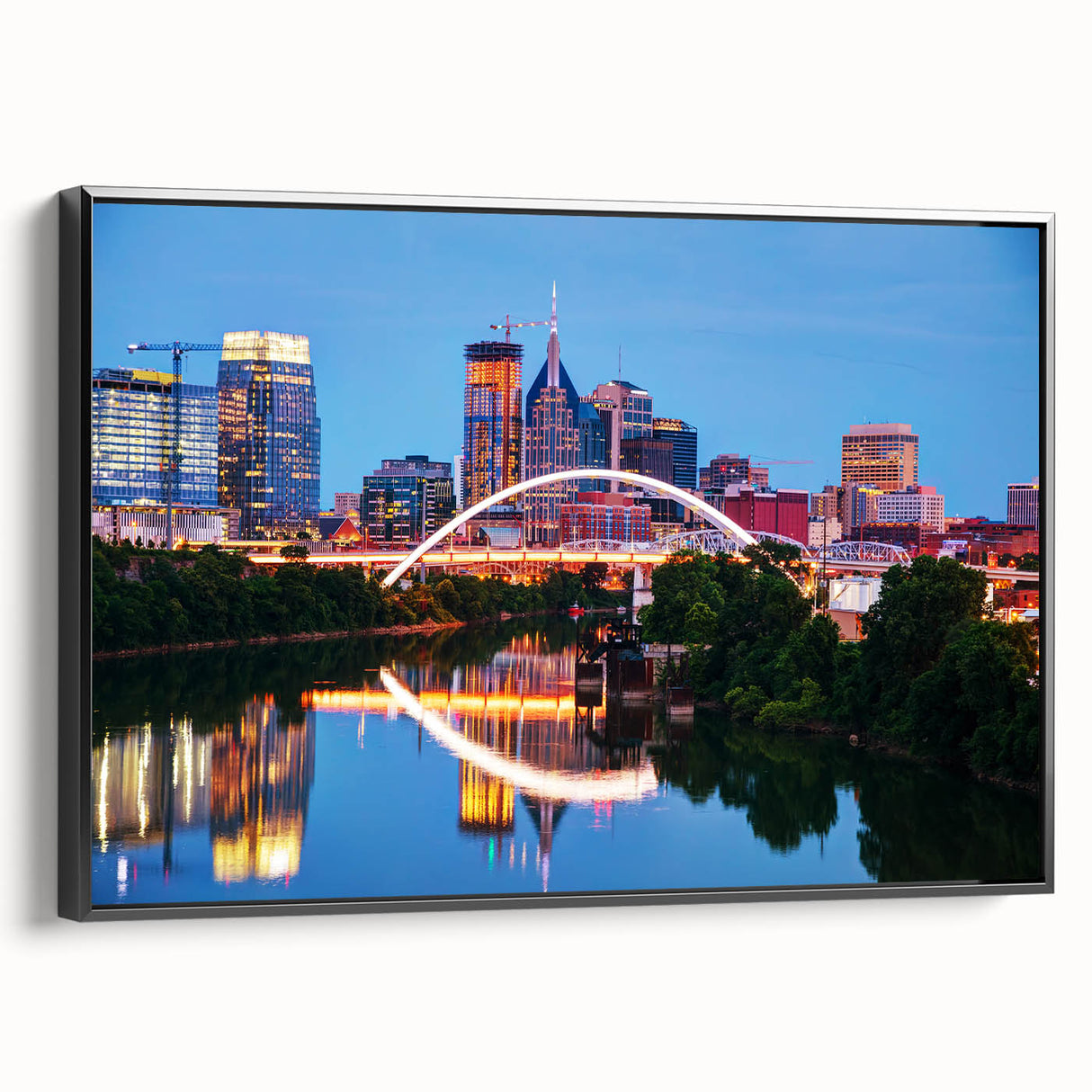 Black and white wall art of the Nashville skyline on framed canvas, ideal for bedroom landscape art.