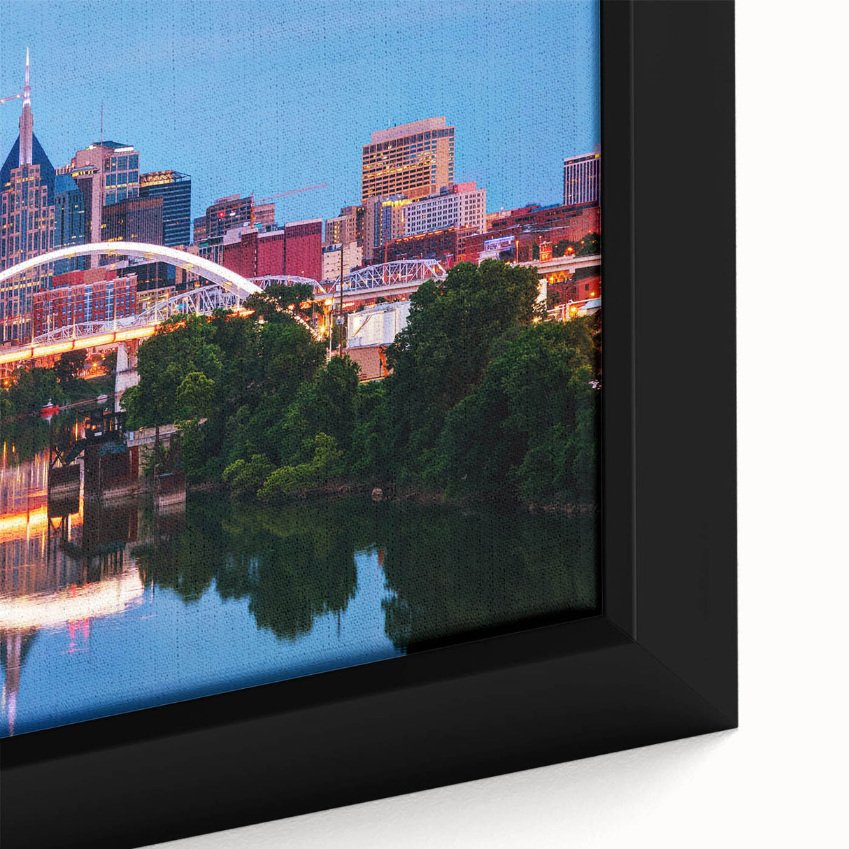 Framed canvas of a textured, colorful depiction of the Nashville skyline, ideal for living room decor.