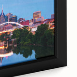 Framed canvas of a textured, colorful depiction of the Nashville skyline, ideal for living room decor.