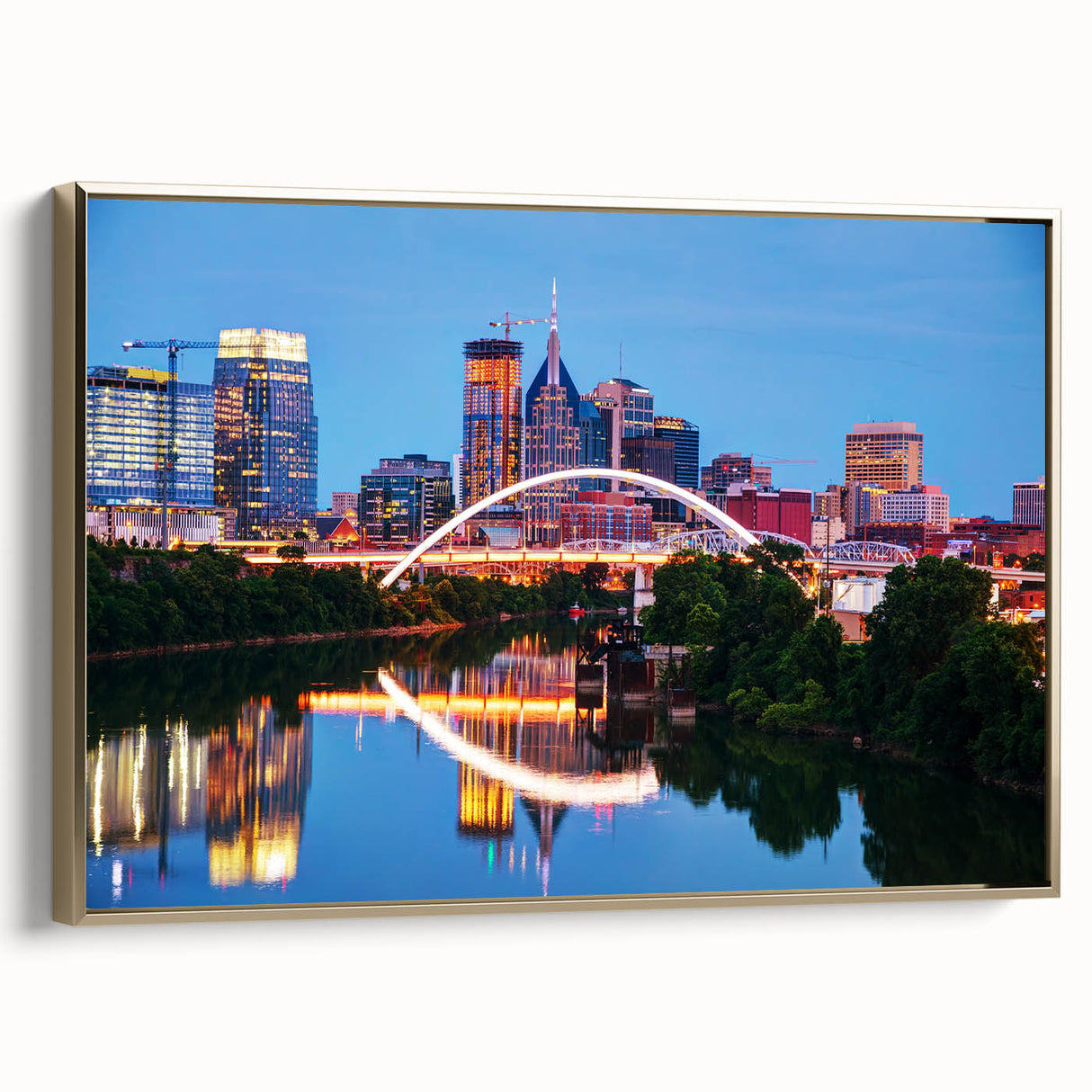 Framed canvas of Nashville skyline in muted gold and black tones, ideal for bedroom wall art.