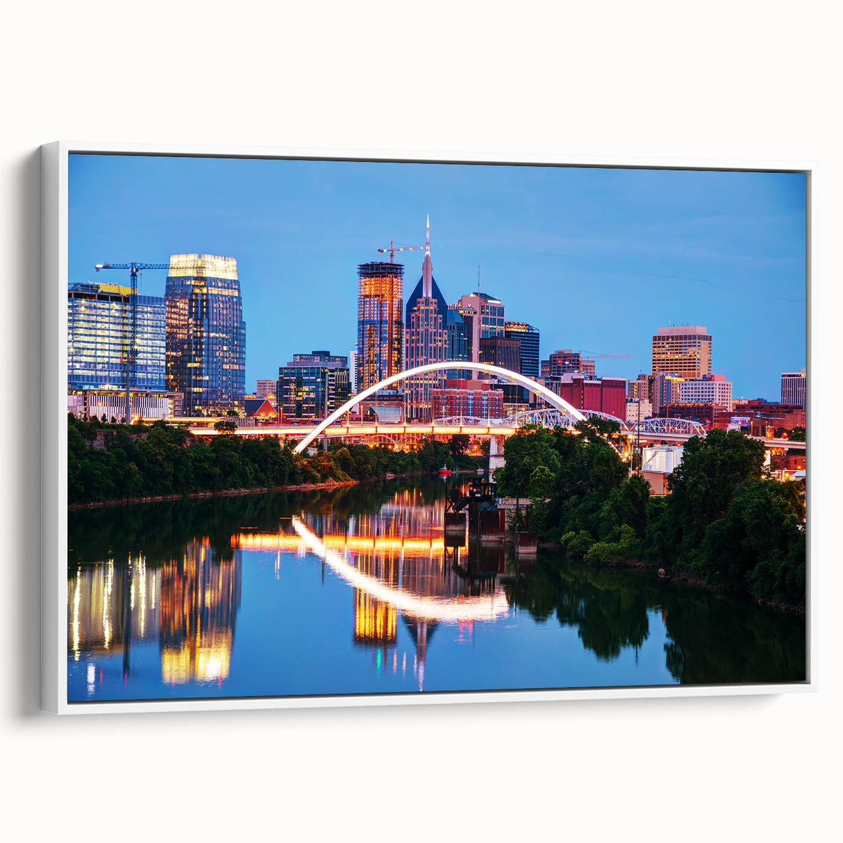 Vintage poster art of Nashville skyline in vibrant colors on a large framed canvas, ideal for living room decor.