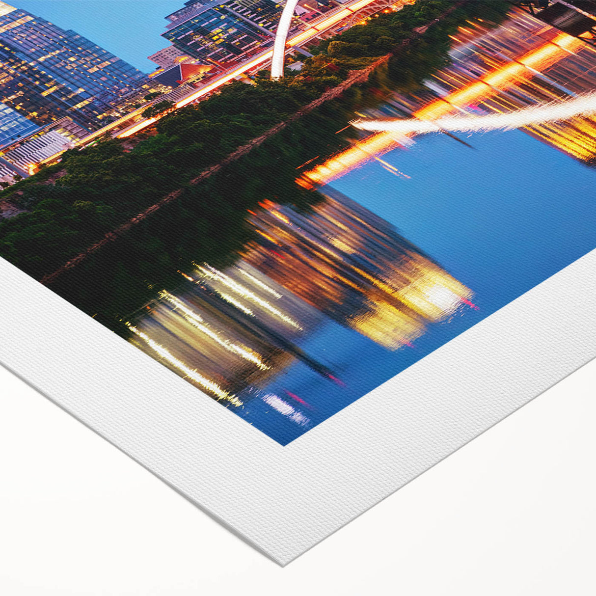 Art deco poster of Nashville skyline in muted gold and blue tones on rolled canvas, suitable for dining room wall art.