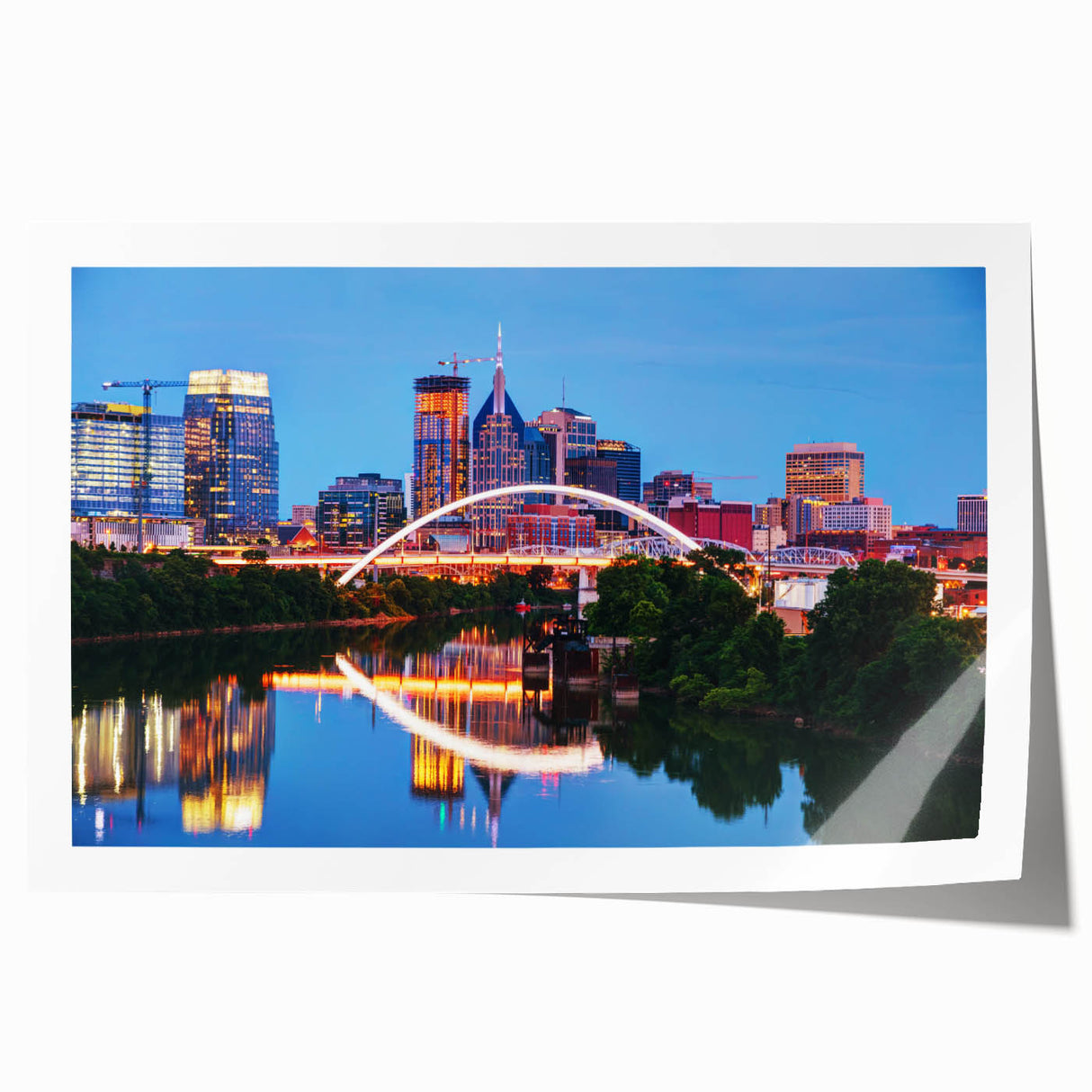 Rolled print of Nashville skyline with pastel shades, perfect for art wall dining room decor.