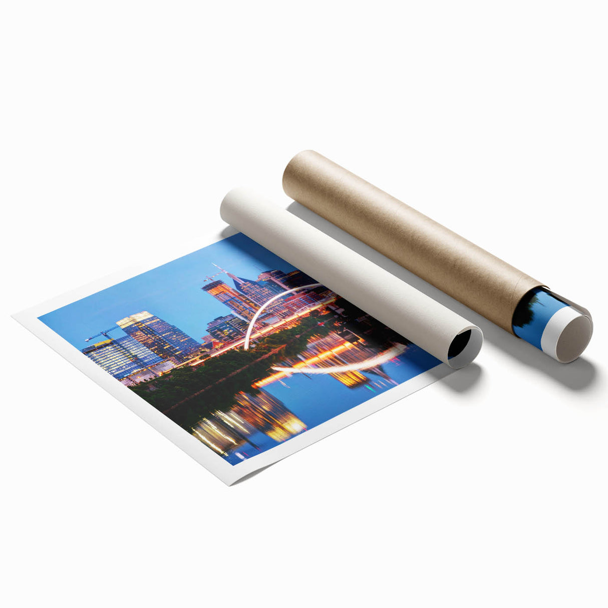 Extra large rolled print of Nashville skyline with soft pastel colors, ideal for classy bathroom wall art.