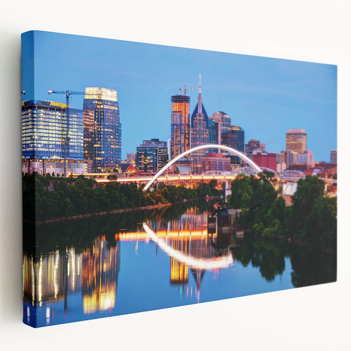 Large canvas print of Nashville skyline in muted blue and gray tones, fitting for kitchen wall art.