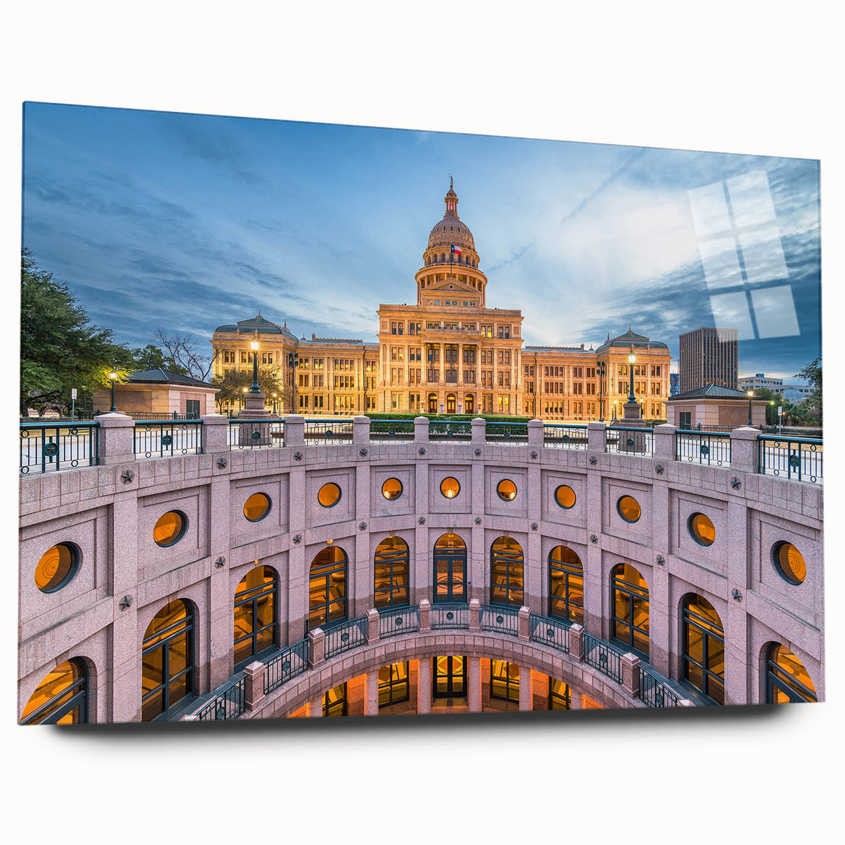 Acrylic print of a large abstract depiction of the Austin skyline in muted blue and gray tones.