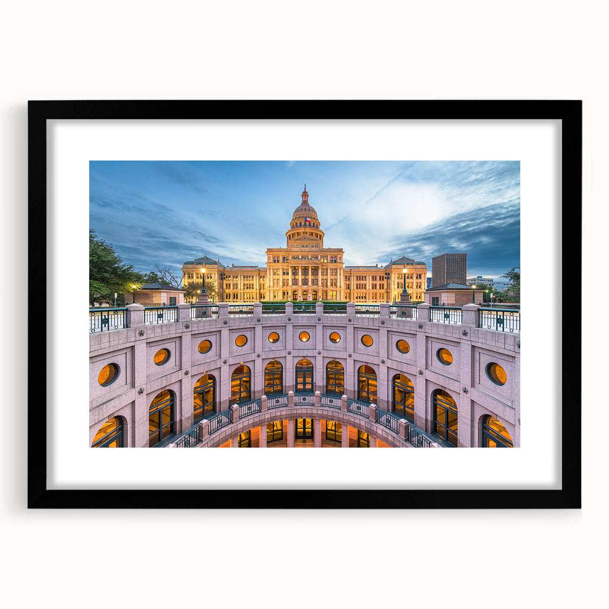 Abstract art print of Austin skyline in vibrant, colorful hues on a large, textured canvas, ideal for living room decor.