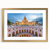 Extra large abstract art print of Austin, Texas skyline in muted earth tones on a textured canvas, framed in gold.