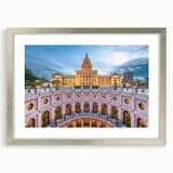 Textured abstract art print of Austin skyline in muted earth tones on a framed canvas, suitable for bedroom decor.