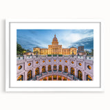Abstract art print of Austin skyline in muted blue and gray tones on a framed white mat, ideal for dining room decor.