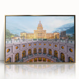 Mid-century modernist Austin skyline in gold and teal hues on a framed acrylic print, suitable for modern art wall decor.