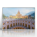 Art deco poster of Austin, Texas skyline in muted gray and blue tones, framed acrylic, ideal for modern art wall decor.