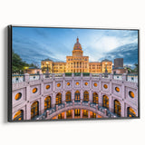 Black and white framed canvas of Austin, Texas landscape in a vintage poster style, ideal for bedroom wall art.