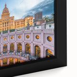 Close-up of a black wall art canvas featuring a textured, colorful Austin skyline, ideal for living room decor.