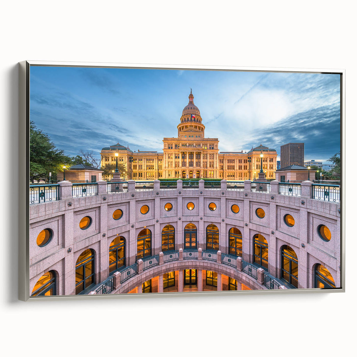 Framed canvas of a vintage-style Austin, Texas landscape with colorful art and black borders, ideal for office decor.