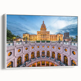 Vintage poster art of Austin, Texas skyline in colorful hues on a large framed canvas, suitable for living room decor.