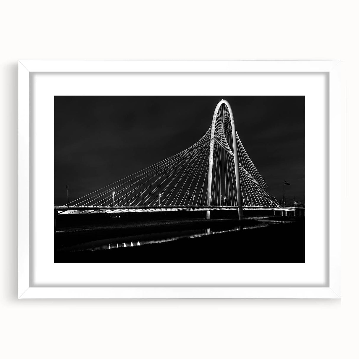 Abstract art print of Dallas skyline in muted gray and blue tones on a framed white canvas, suitable for dining room decor.