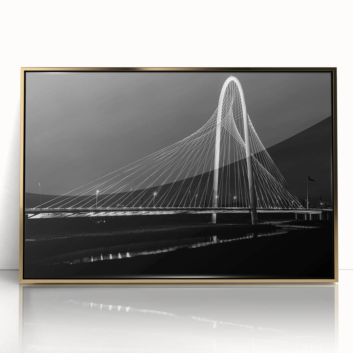 Large acrylic print of Dallas skyline in gold tones, framed, in mid-century modernist style.
