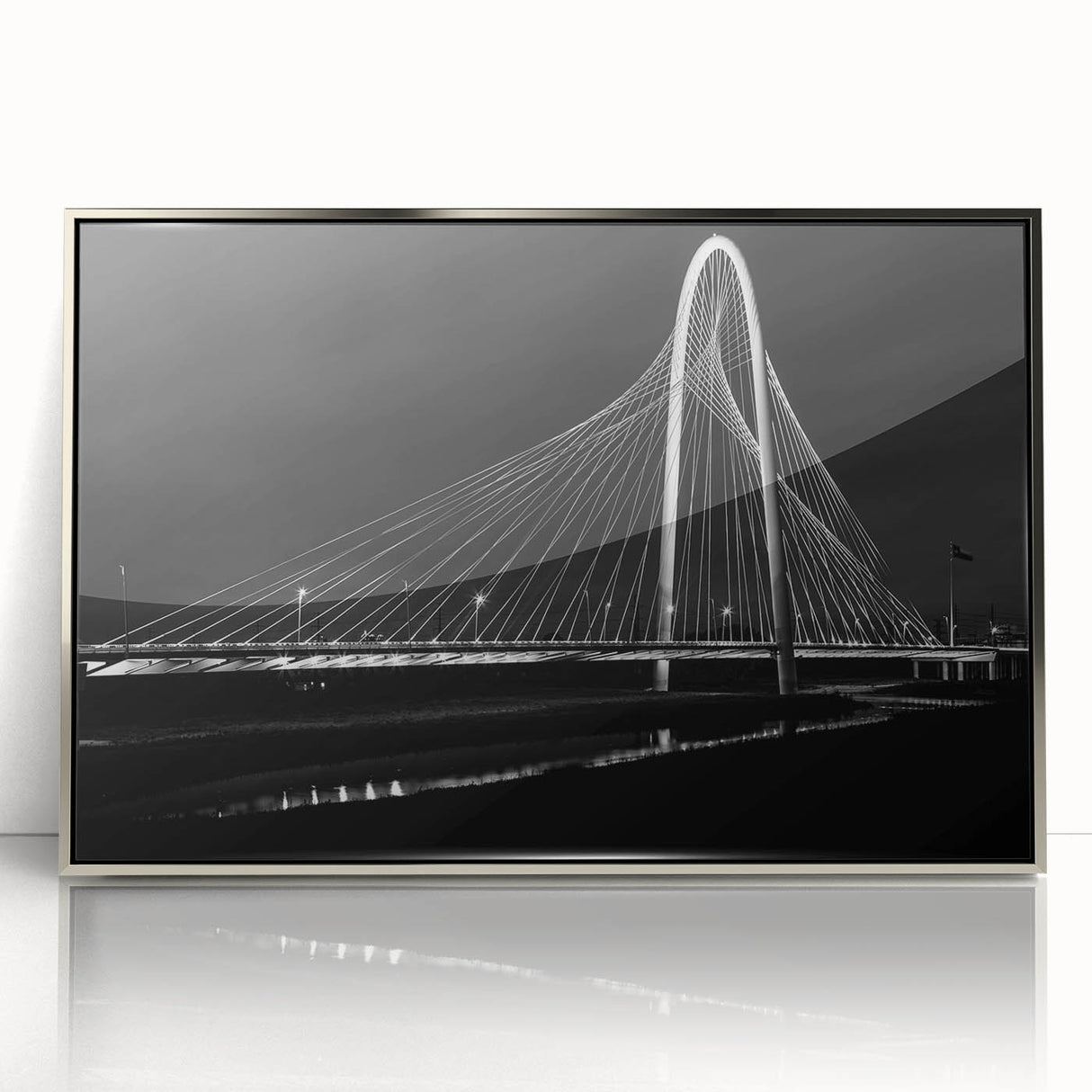 Framed acrylic print of Dallas skyline in mid-century modernist style with silver tones, suited for modern art wall decor.