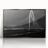 Framed acrylic print of Dallas skyline in mid-century modernist style with silver tones, suited for modern art wall decor.